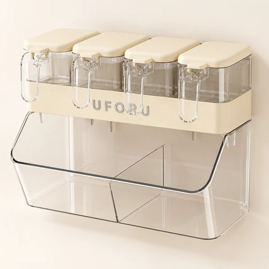 Wall-mounted kitchen organizer with spice containers and divided produce storage