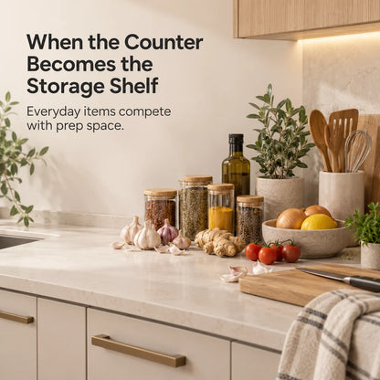 Kitchen counter clutter showing everyday items competing with prep space