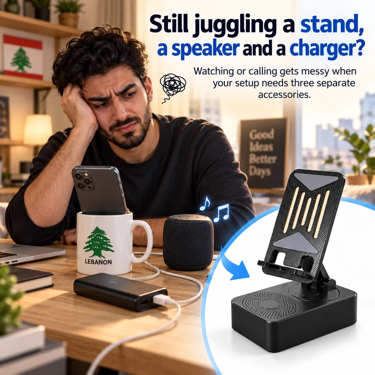3-in-1 phone stand solves separate stand speaker and charger clutter