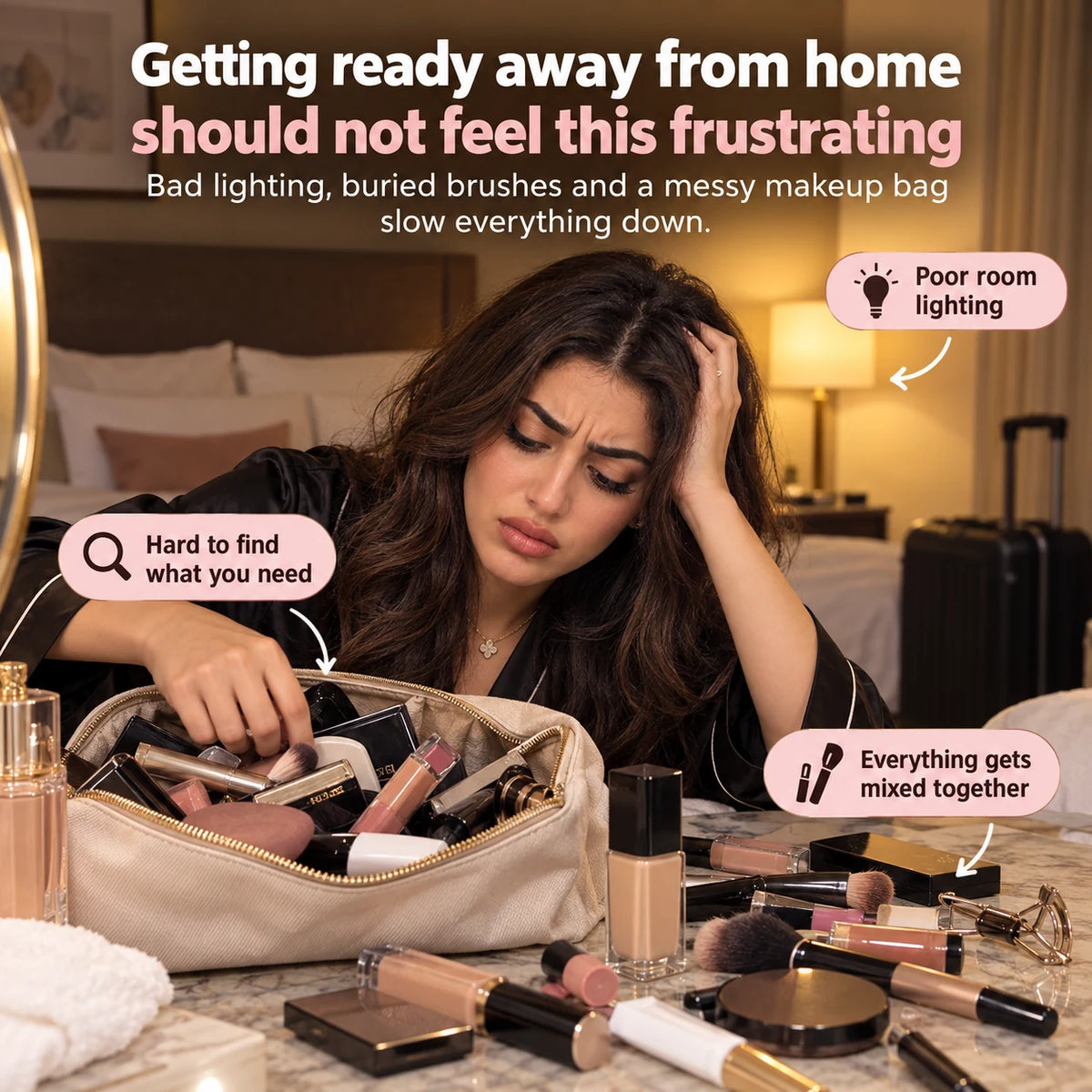 Travel makeup frustration with poor lighting and disorganized cosmetics