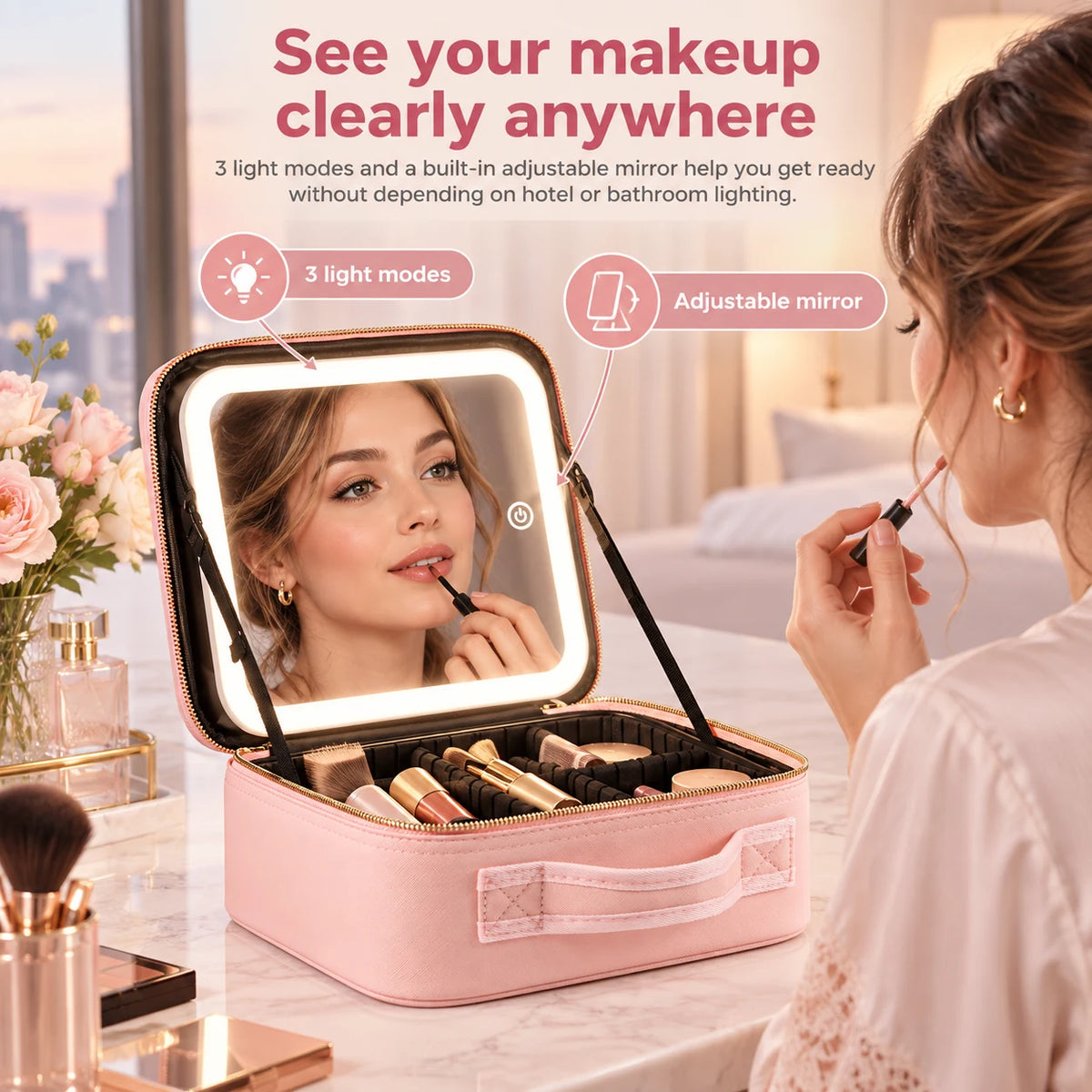 Lighted makeup travel case with three light modes and adjustable mirror