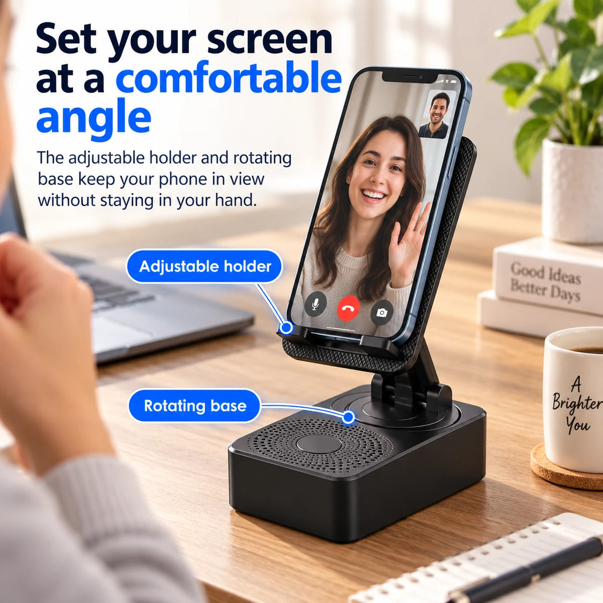 Adjustable phone holder and rotating base for comfortable hands-free viewing