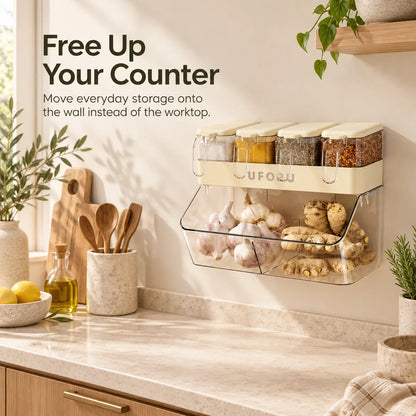 Wall-mounted kitchen organizer freeing up counter workspace