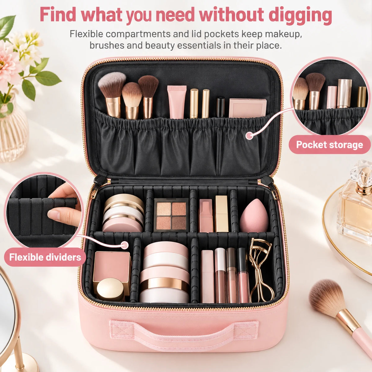 Makeup travel case flexible dividers and organized pocket storage