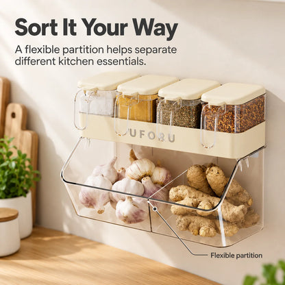 Kitchen organizer flexible partition separating garlic and ginger