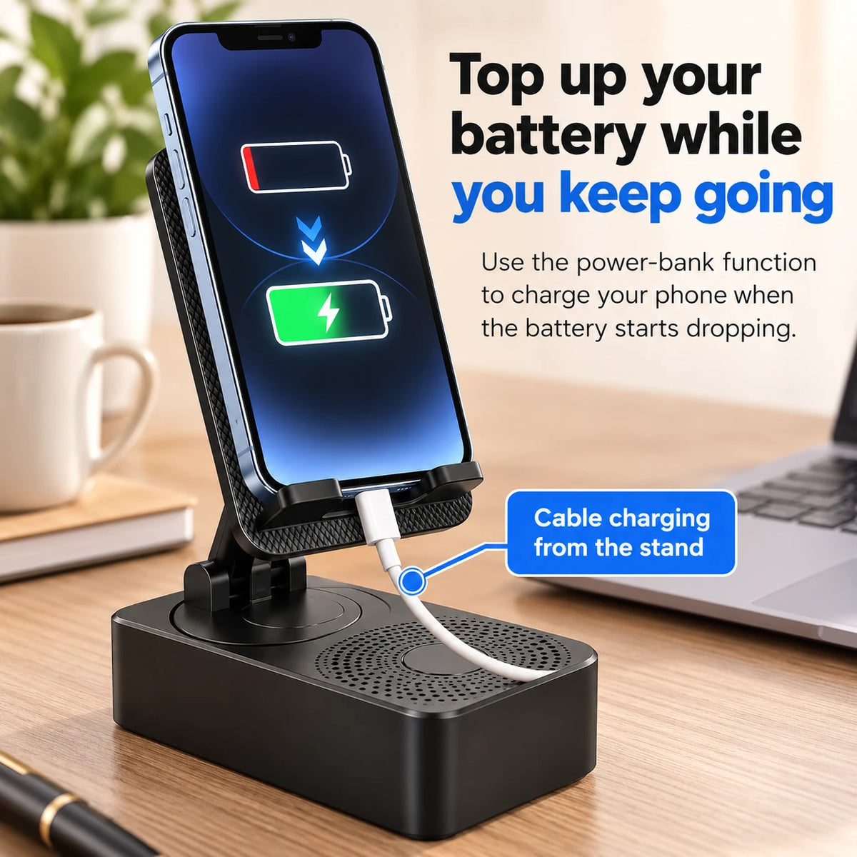 Power bank function with cable charging for your phone