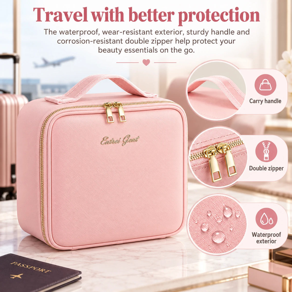 Pink makeup travel case with carry handle double zipper and waterproof exterior