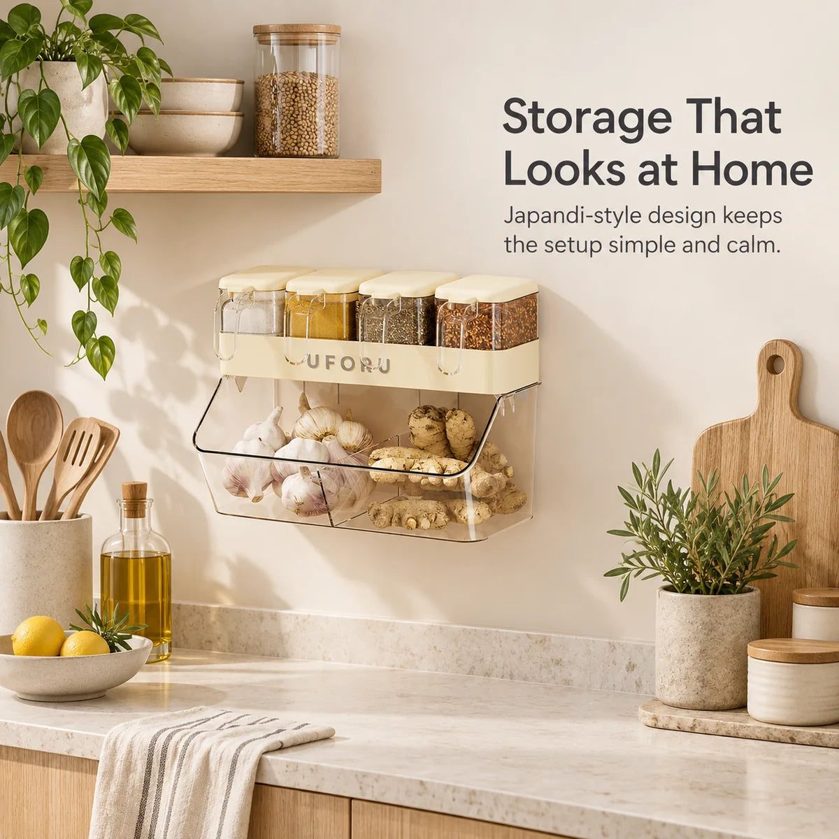 Wall-mounted organizer in a calm Japandi-style kitchen