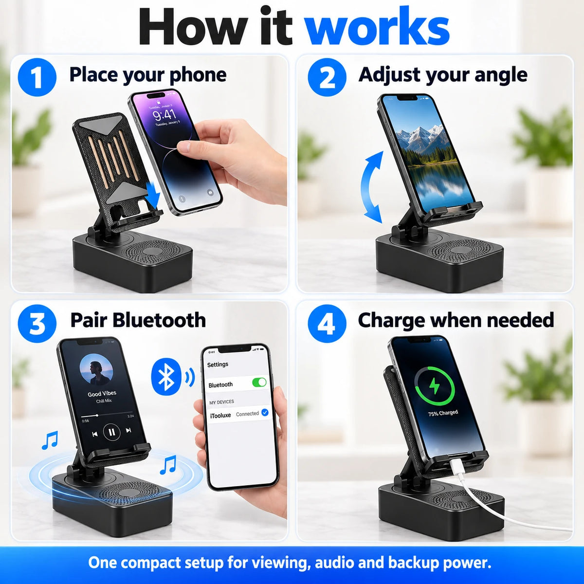 How the 3-in-1 phone stand works in four steps