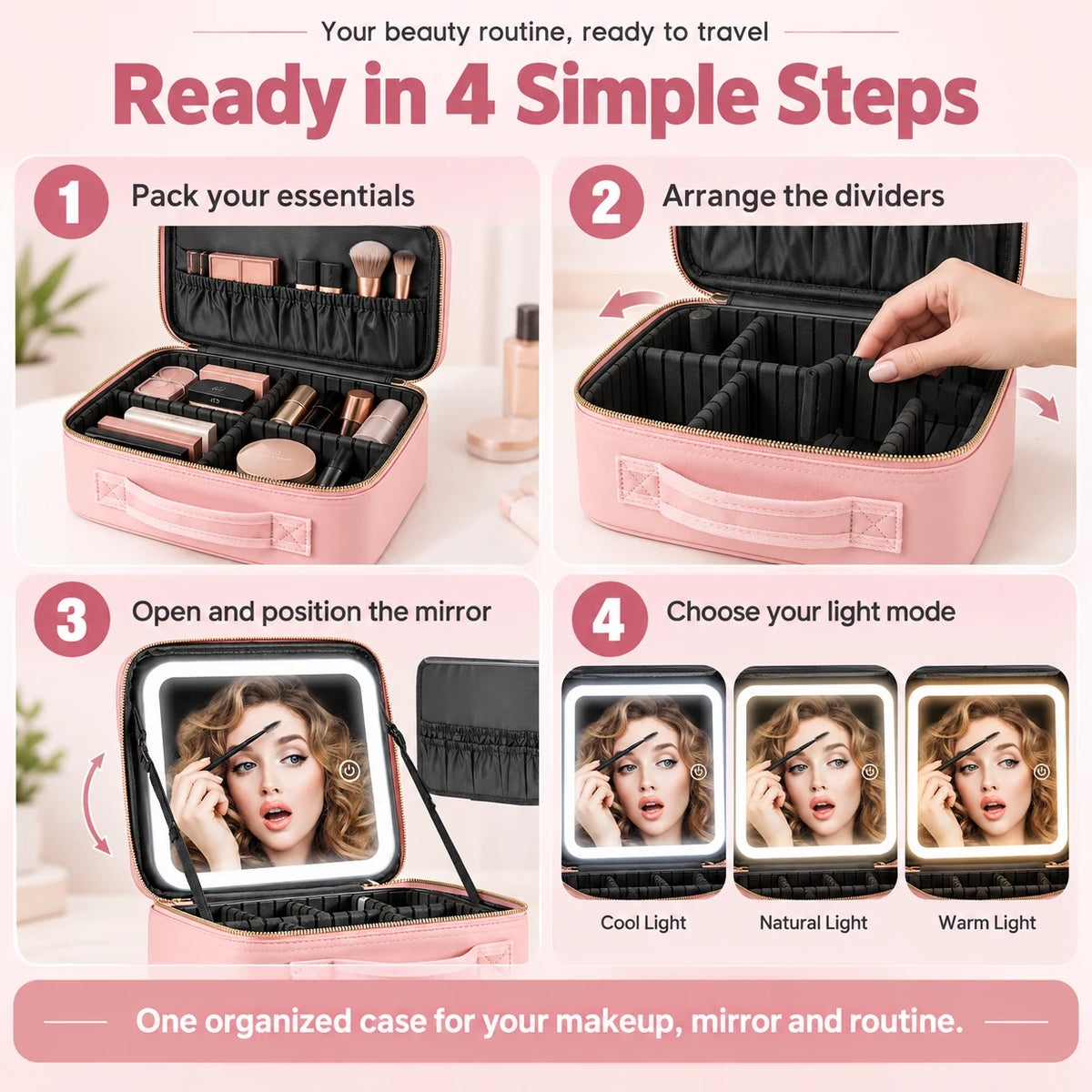 Portable lighted makeup travel case four-step use guide