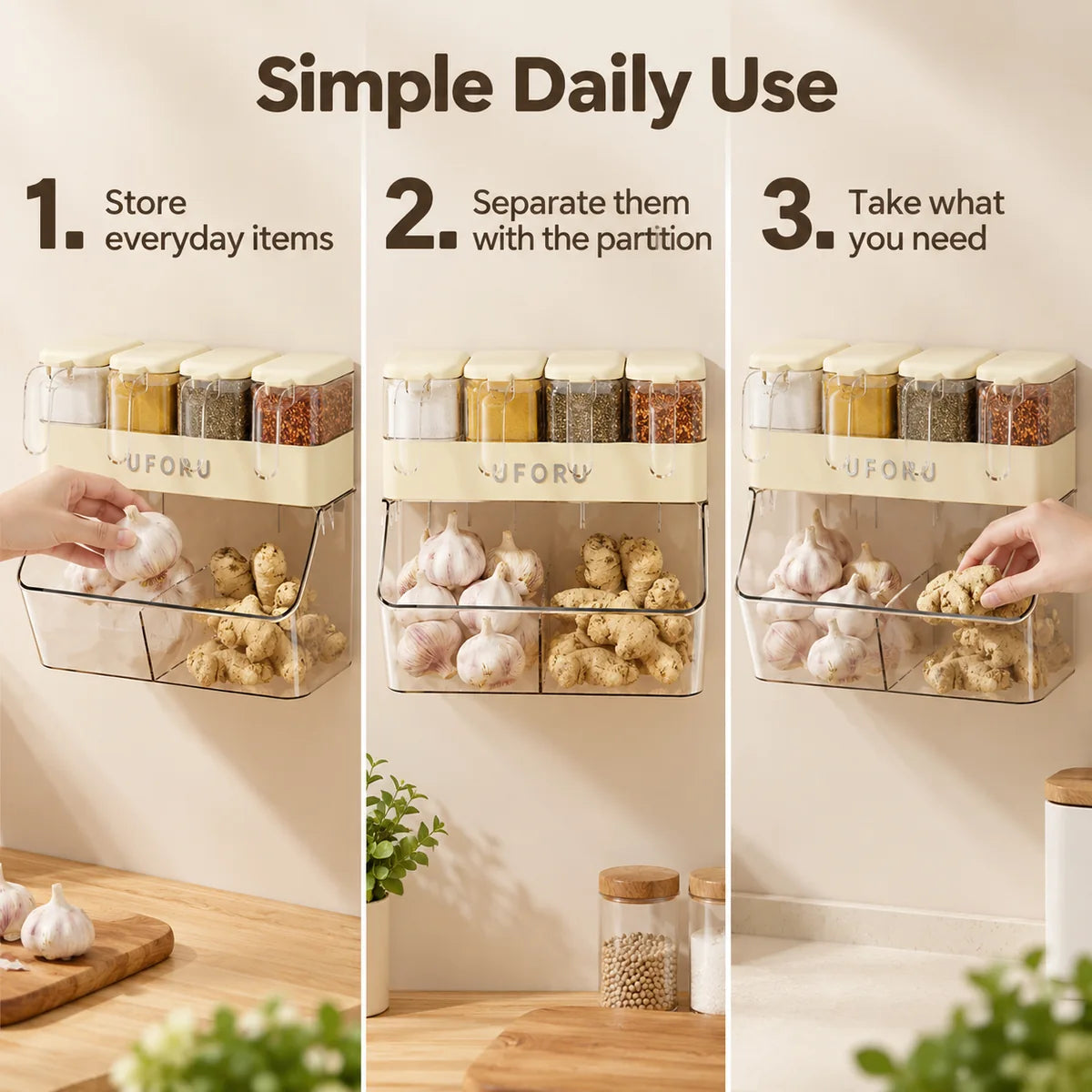 Three-step guide showing how to store separate and take kitchen essentials