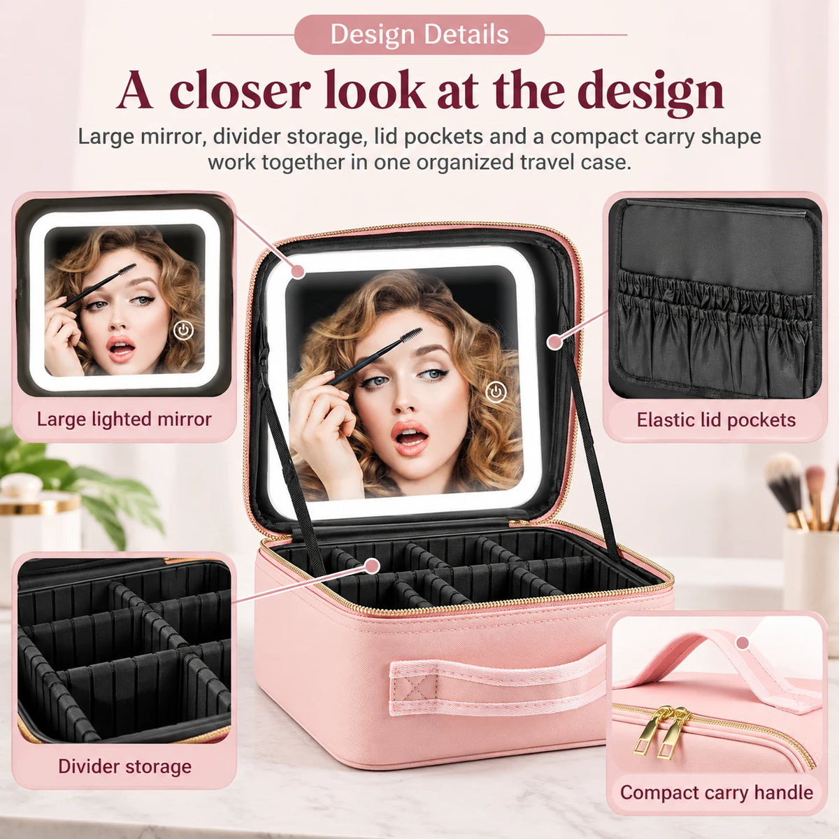 Portable lighted makeup case mirror lid pockets dividers and carry handle details