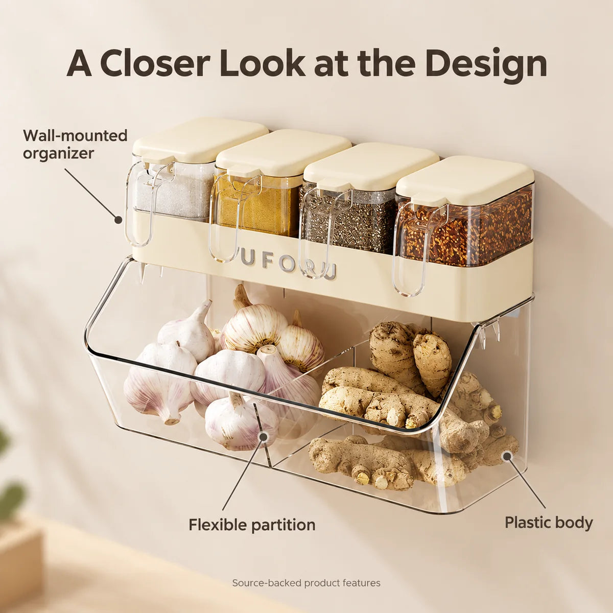 Wall-mounted organizer design details including flexible partition and plastic body