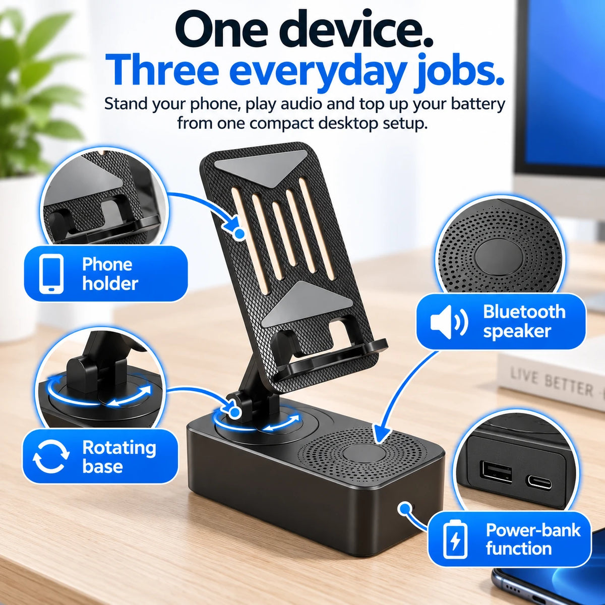 Phone holder Bluetooth speaker power bank and rotating base functions