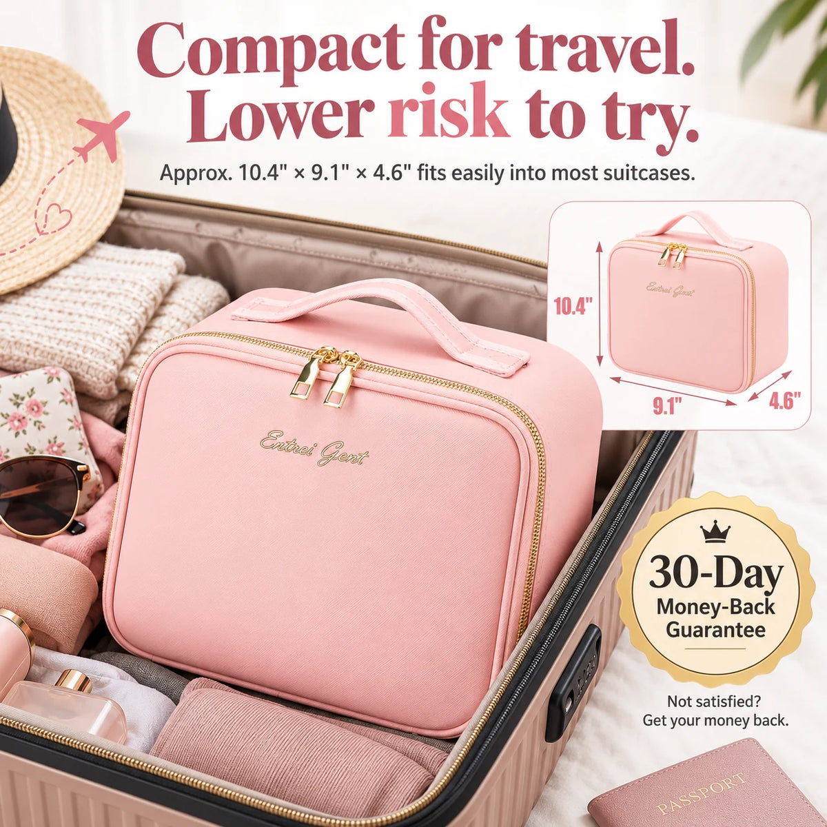 Compact makeup travel case size guide with 30-day money-back guarantee