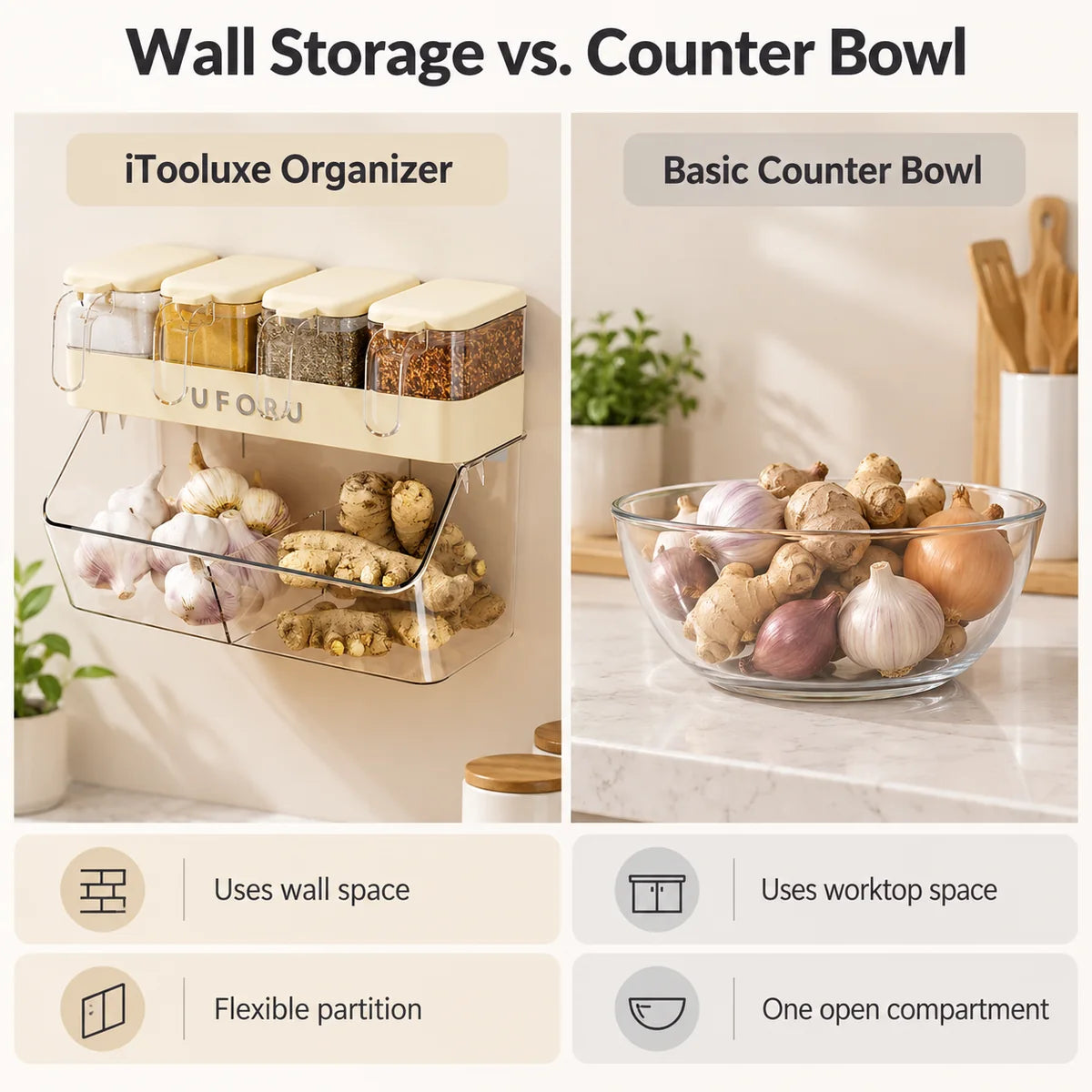 Comparison of iTooluxe wall organizer and a basic counter bowl