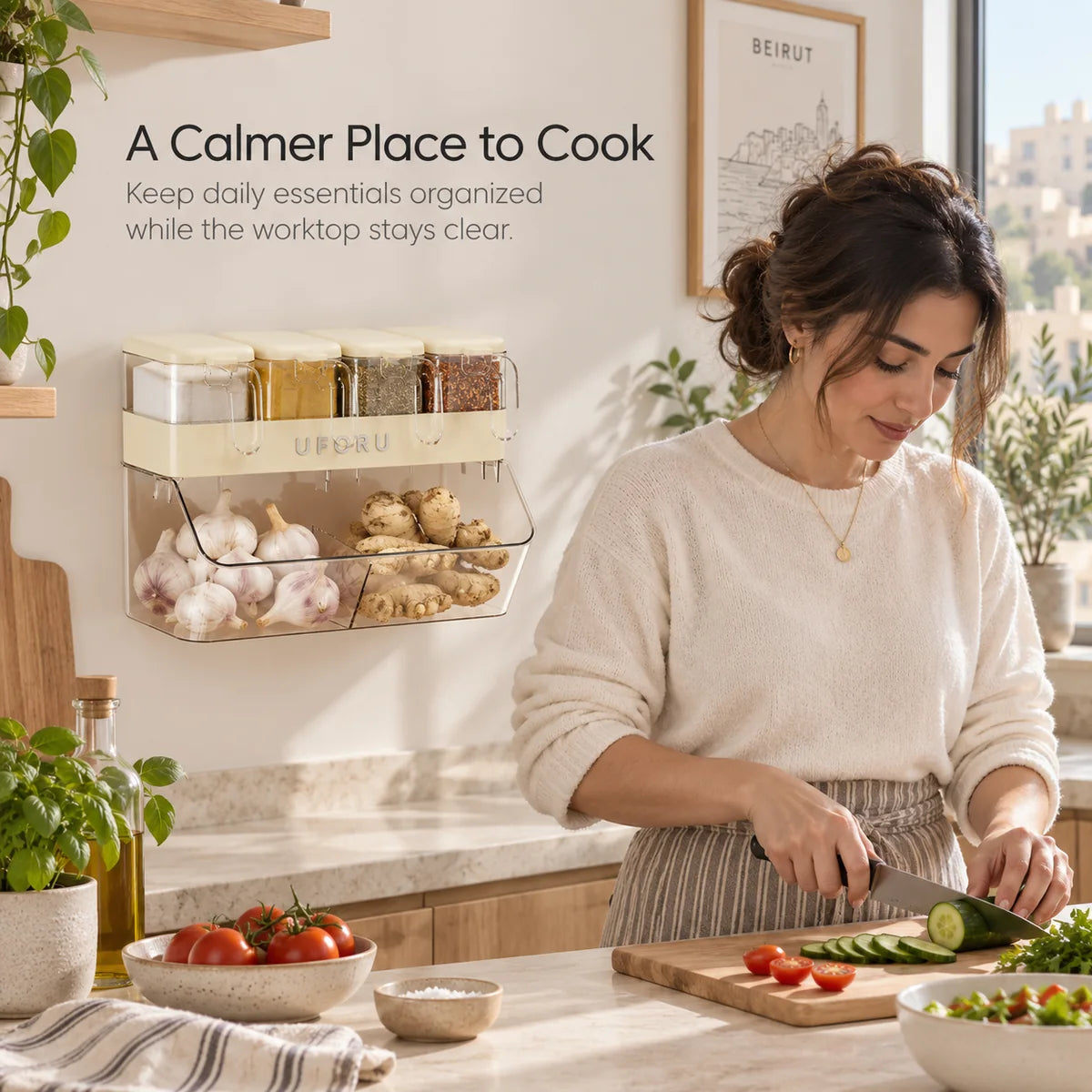 Lebanese woman cooking in a calm organized kitchen with wall-mounted storage