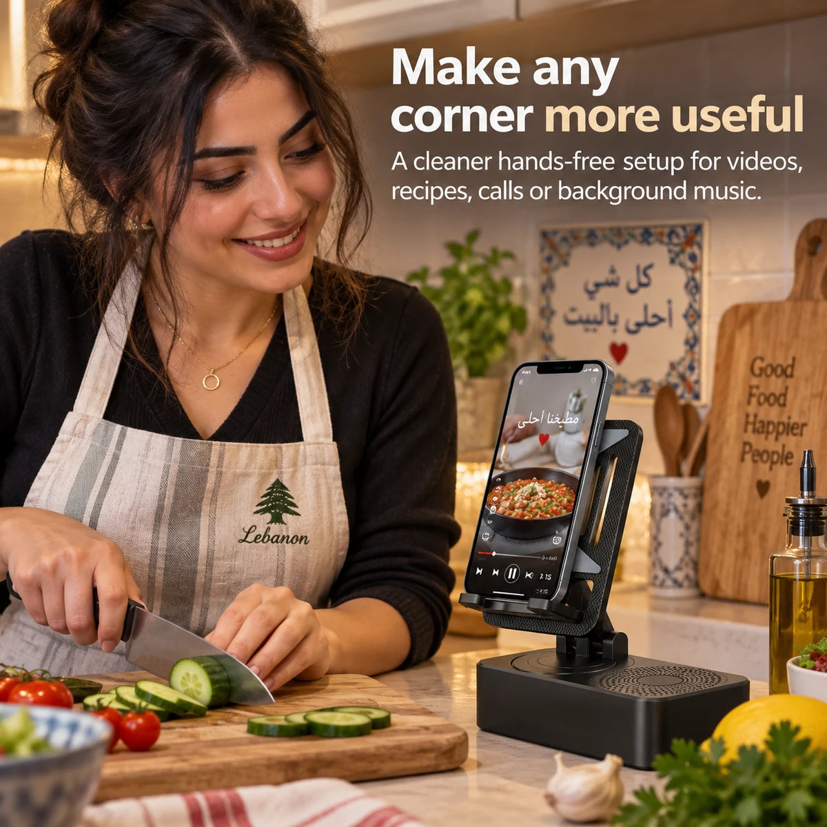 3-in-1 phone stand in a hands-free kitchen lifestyle setting