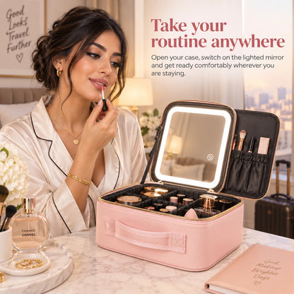 Woman using portable lighted makeup travel case while getting ready