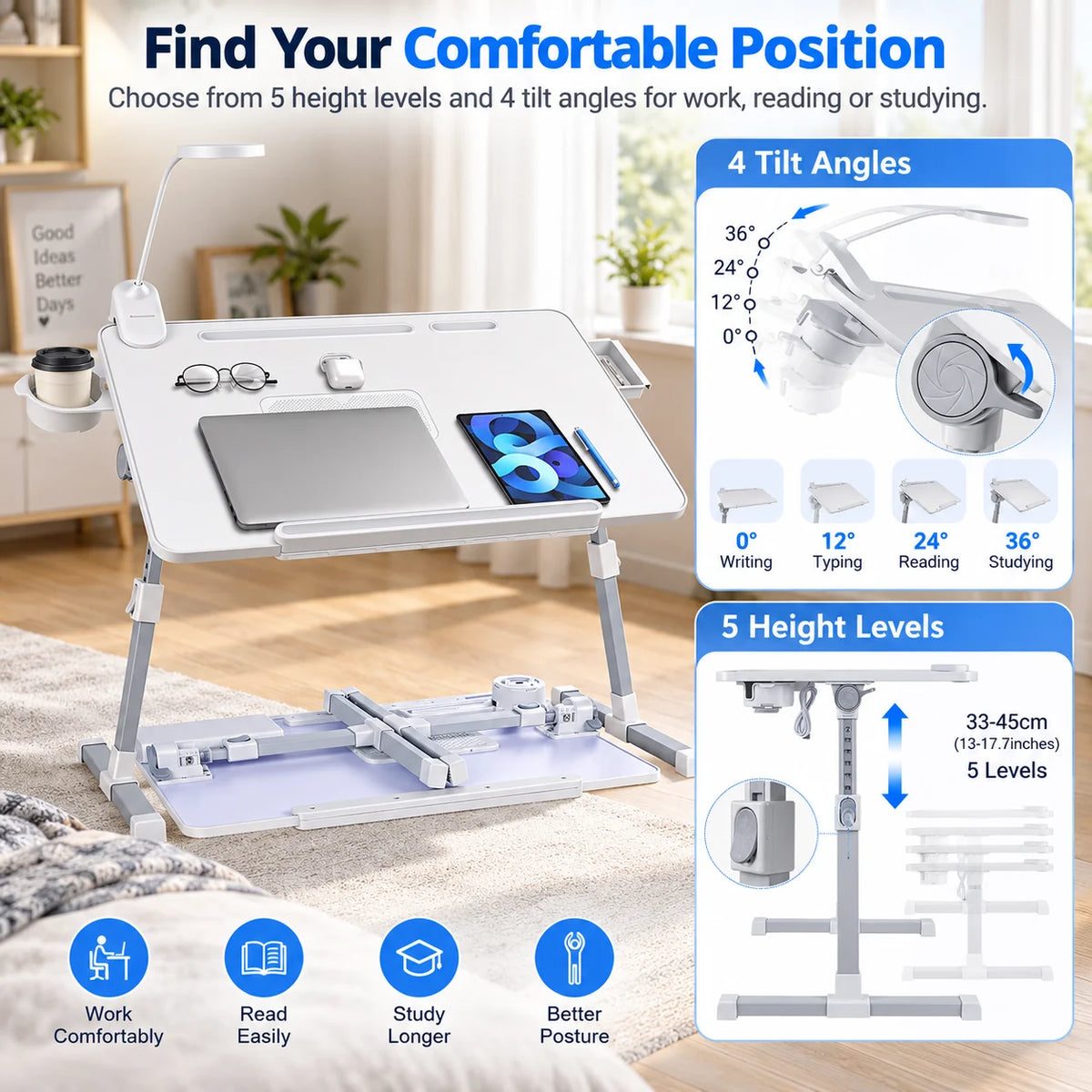 FlexDesk adjustable height and tilt benefit