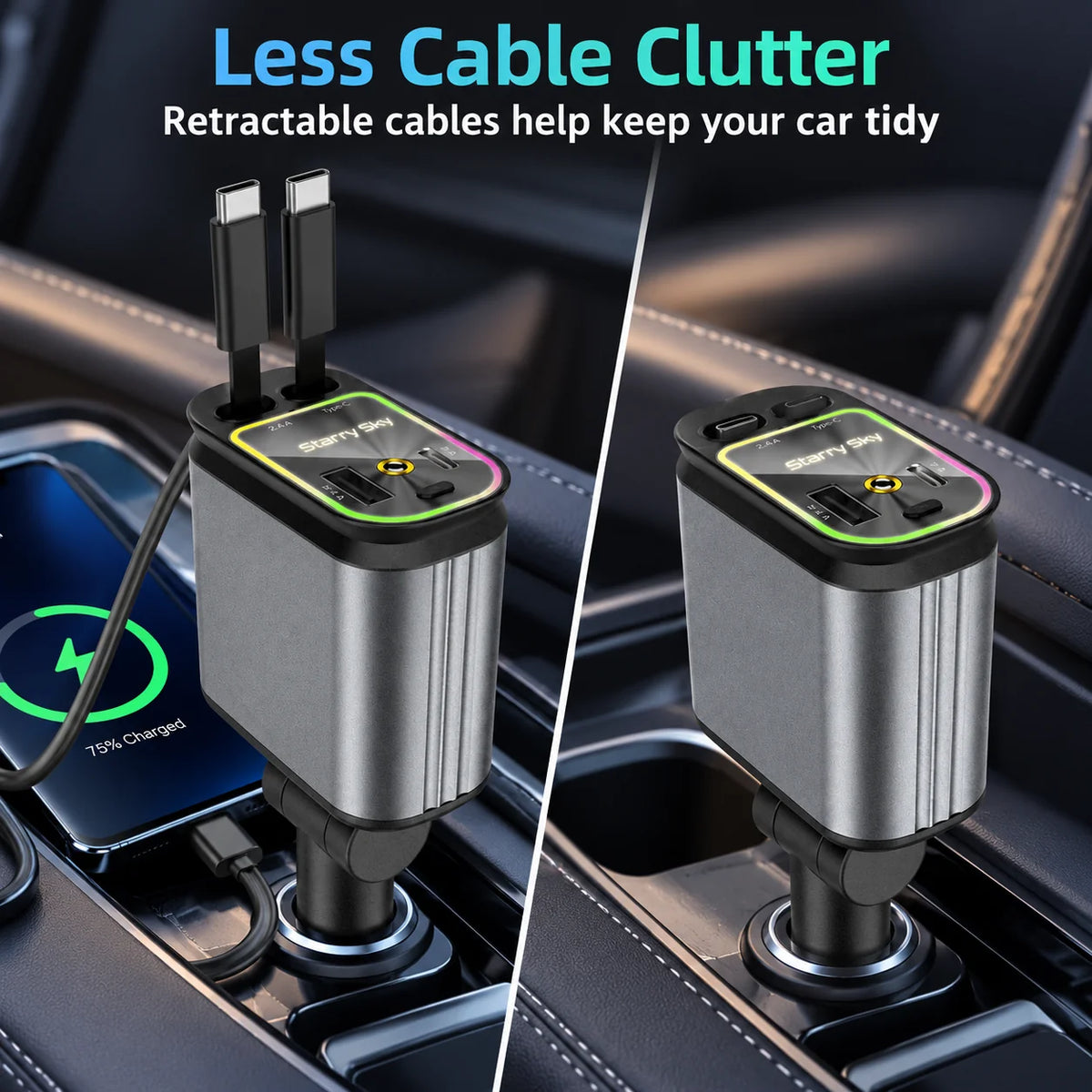Retractable car charger with less cable clutter