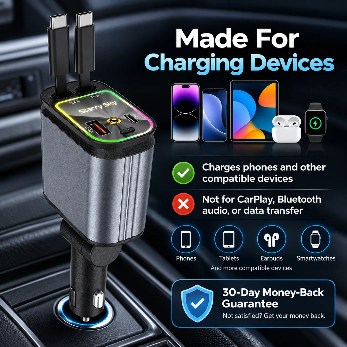 Car charger compatibility and money-back guarantee