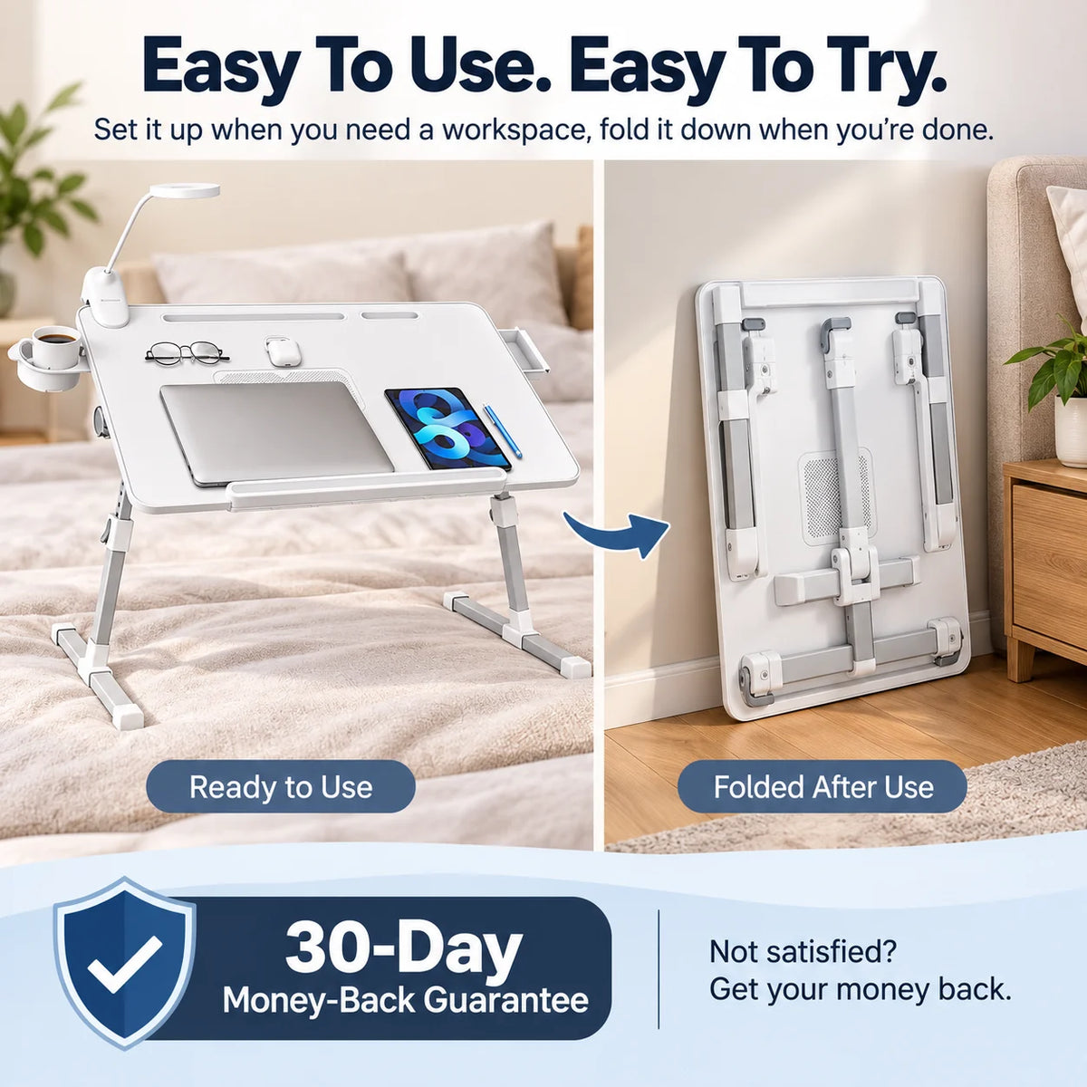 FlexDesk foldable design and 30-day money-back guarantee