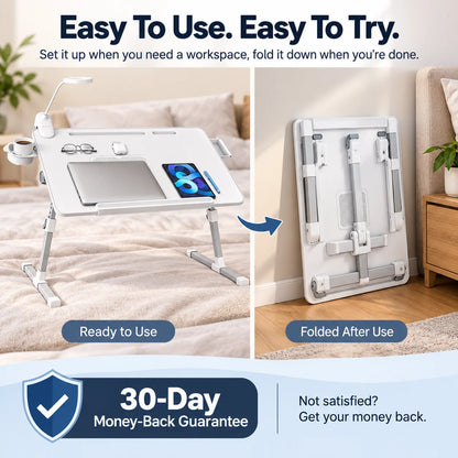 FlexDesk foldable design and 30-day money-back guarantee
