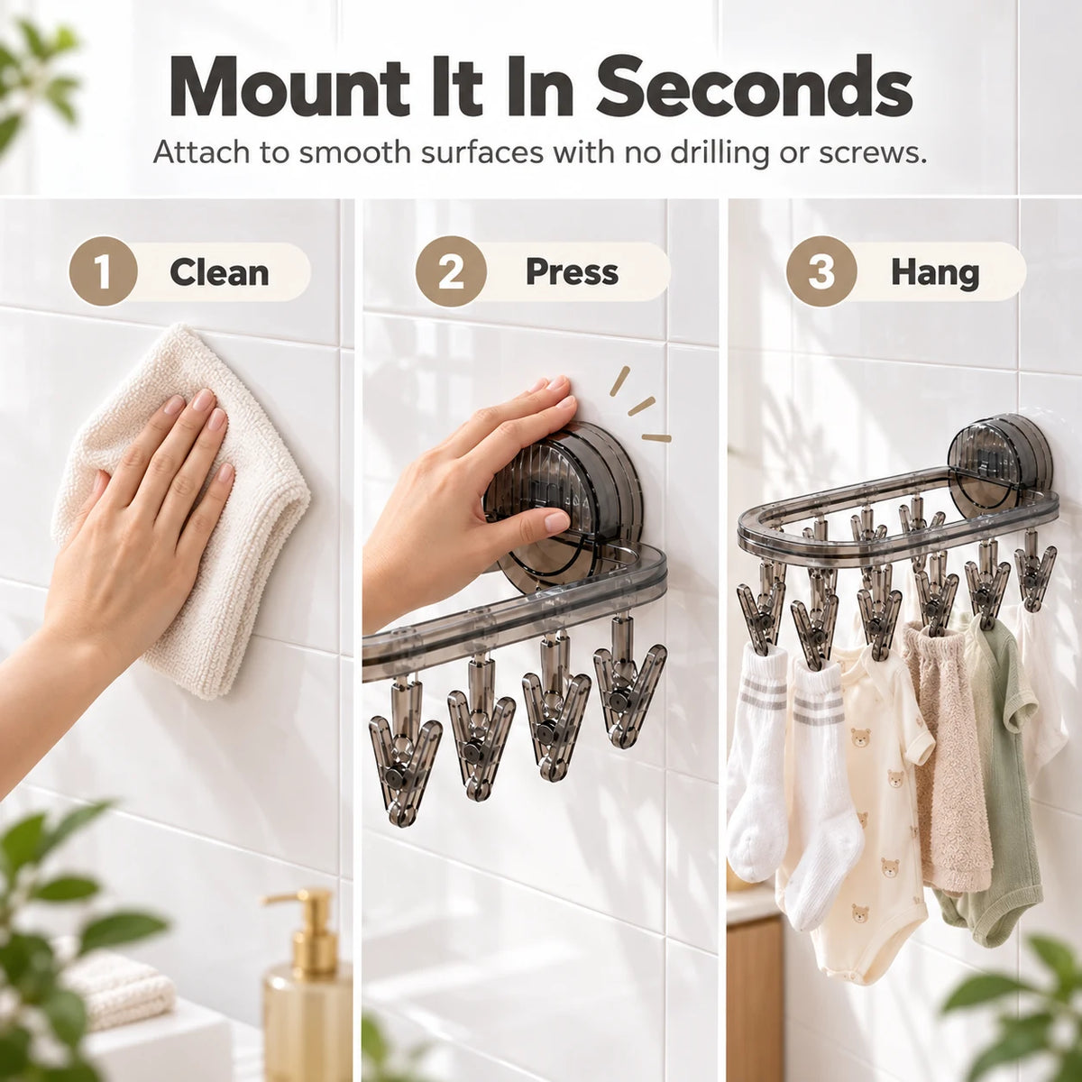 Foldable Clothes Drying Rack suction mounting steps
