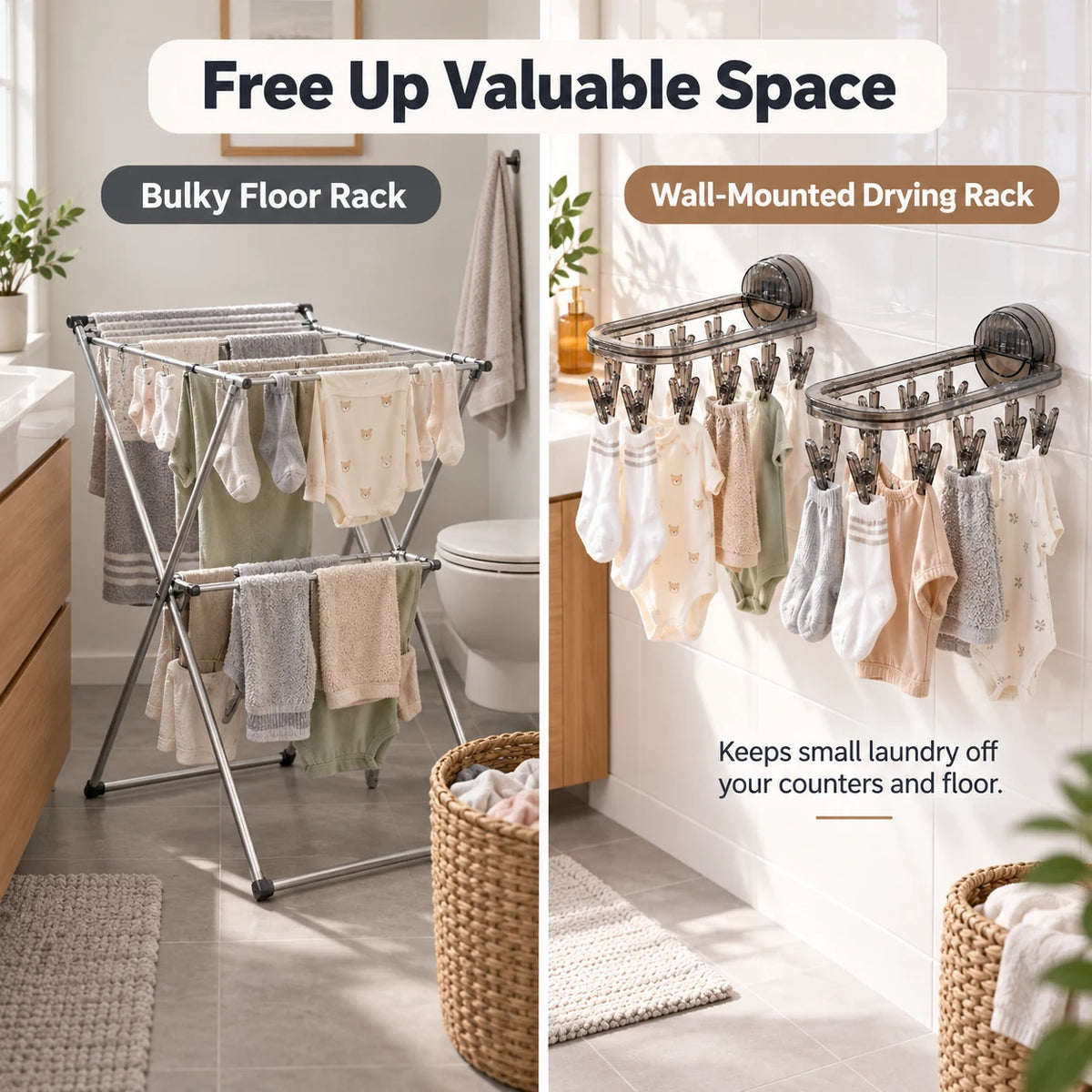 Wall-mounted drying rack compared with bulky floor rack