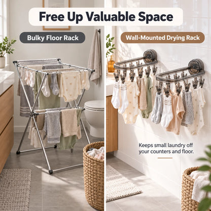 Wall-mounted drying rack compared with bulky floor rack